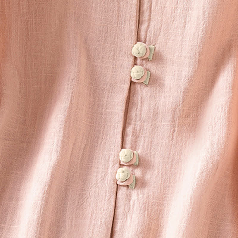 Buddha Stones Summer Tang Style Vintage Frog Button Crew Neck Contrast Women's Short Sleeve Shirts