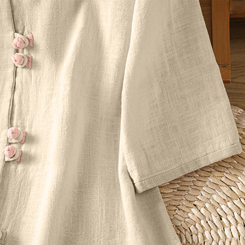 Buddha Stones Summer Tang Style Vintage Frog Button Crew Neck Contrast Women's Short Sleeve Shirts