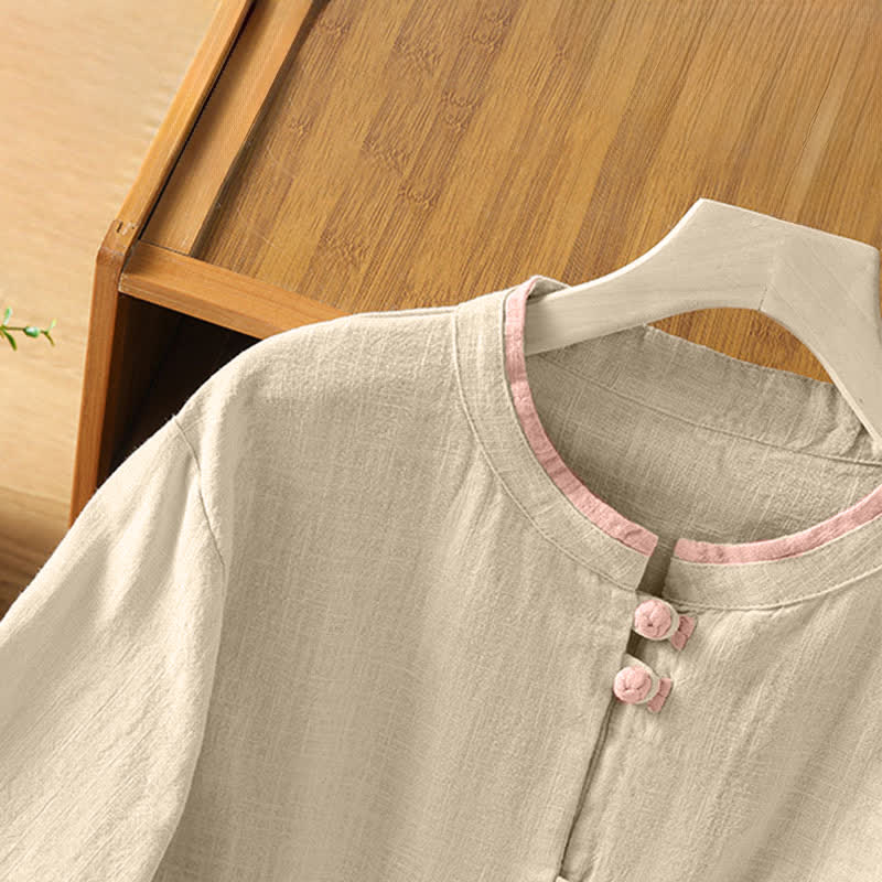 Buddha Stones Summer Tang Style Vintage Frog Button Crew Neck Contrast Women's Short Sleeve Shirts