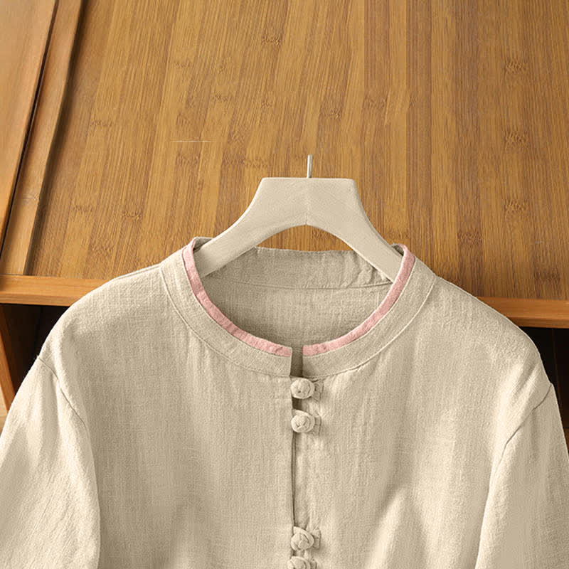 Buddha Stones Summer Tang Style Vintage Frog Button Crew Neck Contrast Women's Short Sleeve Shirts