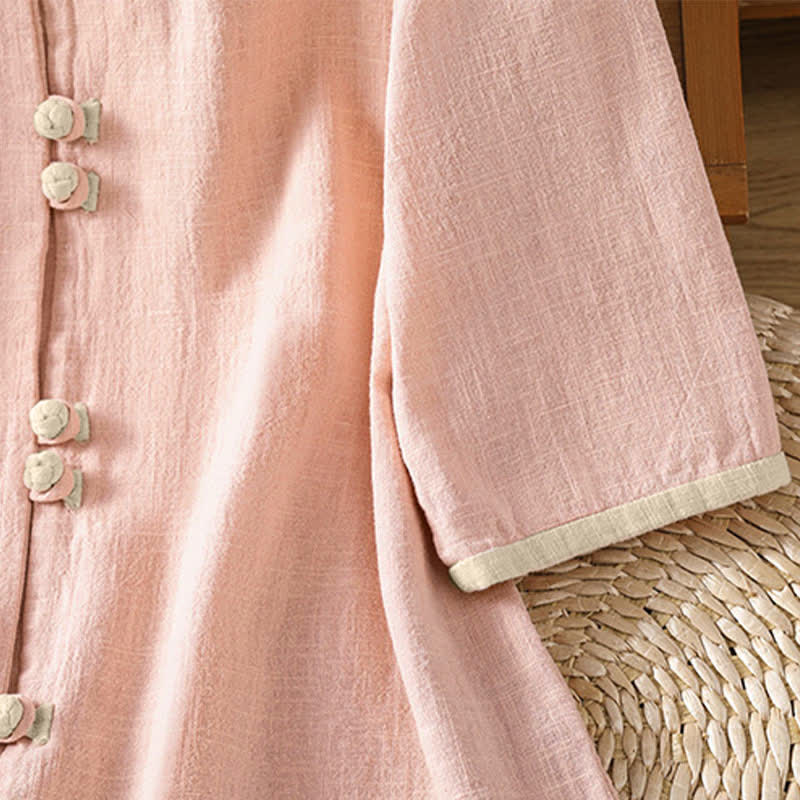 Buddha Stones Summer Tang Style Vintage Frog Button Crew Neck Contrast Women's Short Sleeve Shirts