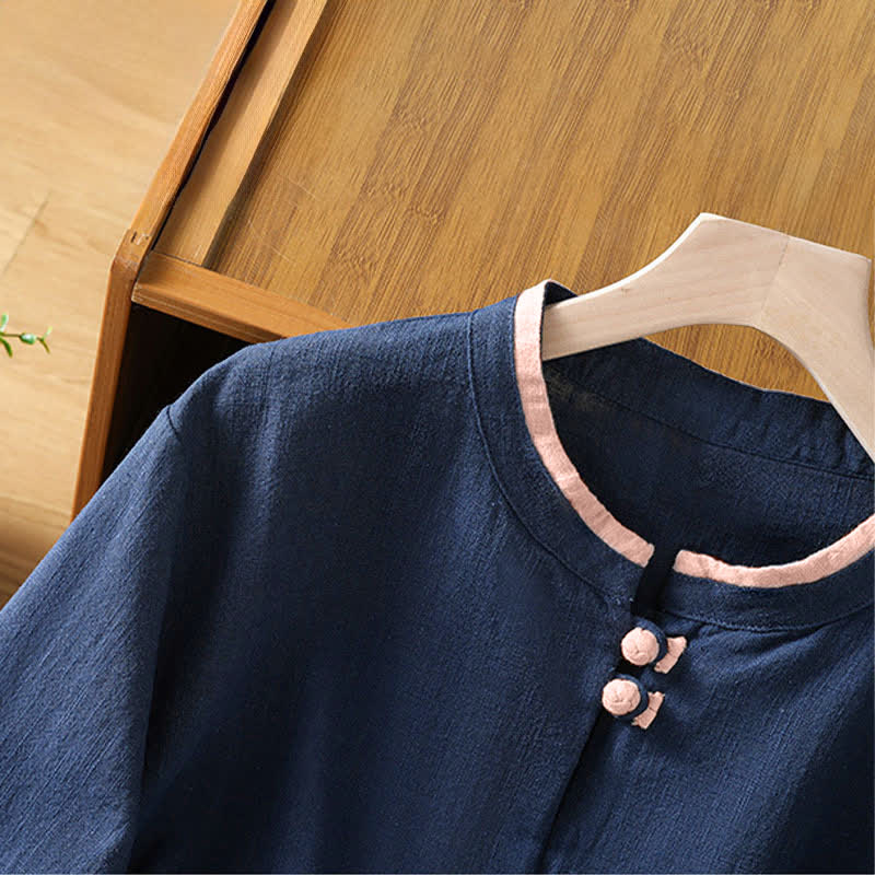 Buddha Stones Summer Tang Style Vintage Frog Button Crew Neck Contrast Women's Short Sleeve Shirts