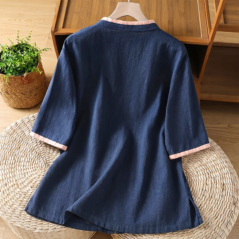 Buddha Stones Summer Tang Style Vintage Frog Button Crew Neck Contrast Women's Short Sleeve Shirts