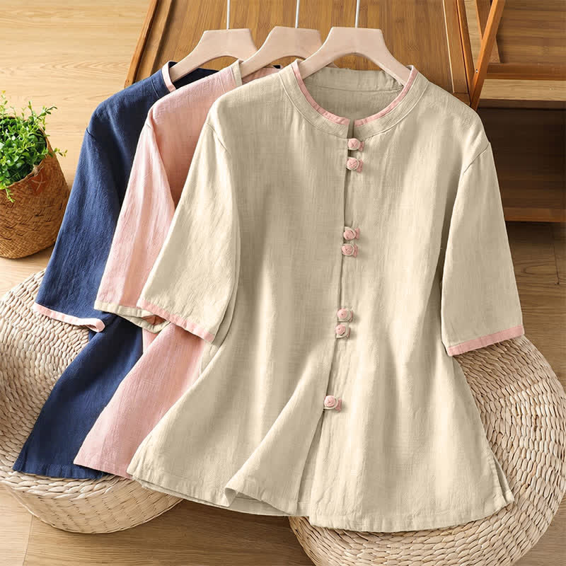 Buddha Stones Summer Tang Style Vintage Frog Button Crew Neck Contrast Women's Short Sleeve Shirts