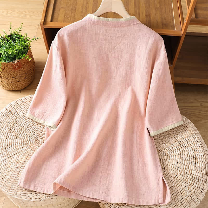 Buddha Stones Summer Tang Style Vintage Frog Button Crew Neck Contrast Women's Short Sleeve Shirts