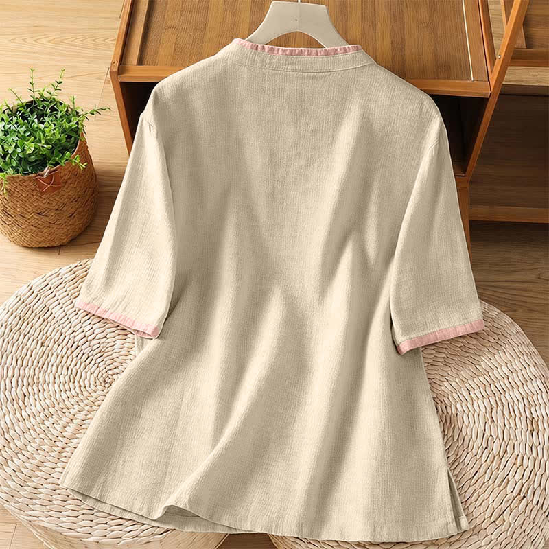 Buddha Stones Summer Tang Style Vintage Frog Button Crew Neck Contrast Women's Short Sleeve Shirts