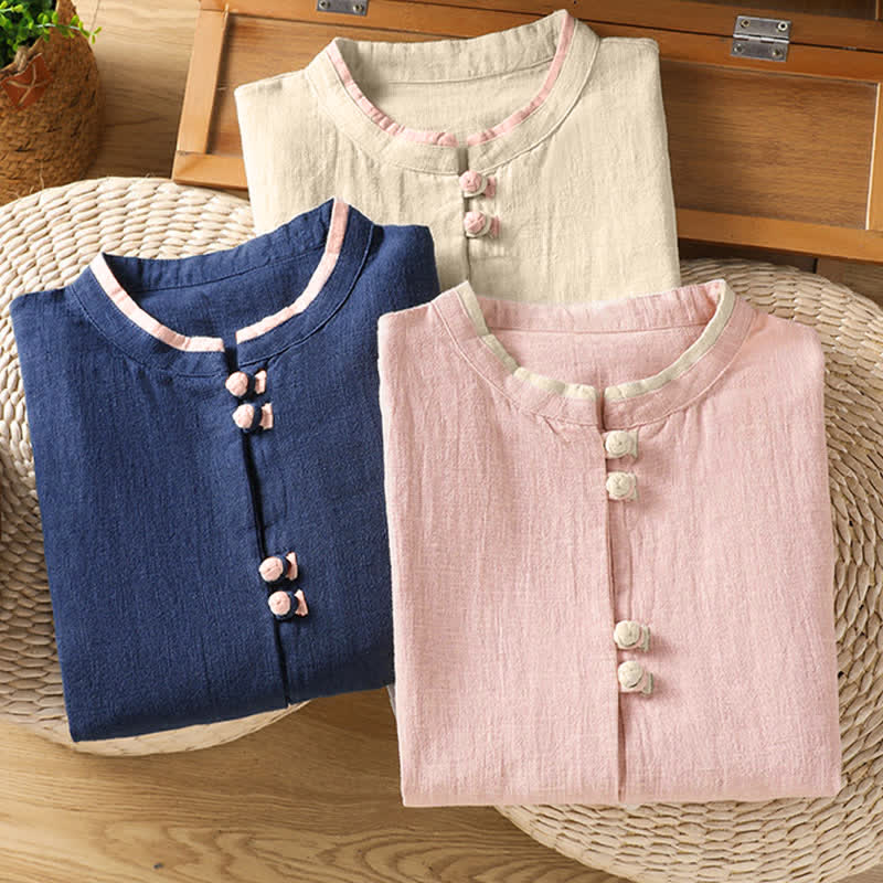 Buddha Stones Summer Tang Style Vintage Frog Button Crew Neck Contrast Women's Short Sleeve Shirts