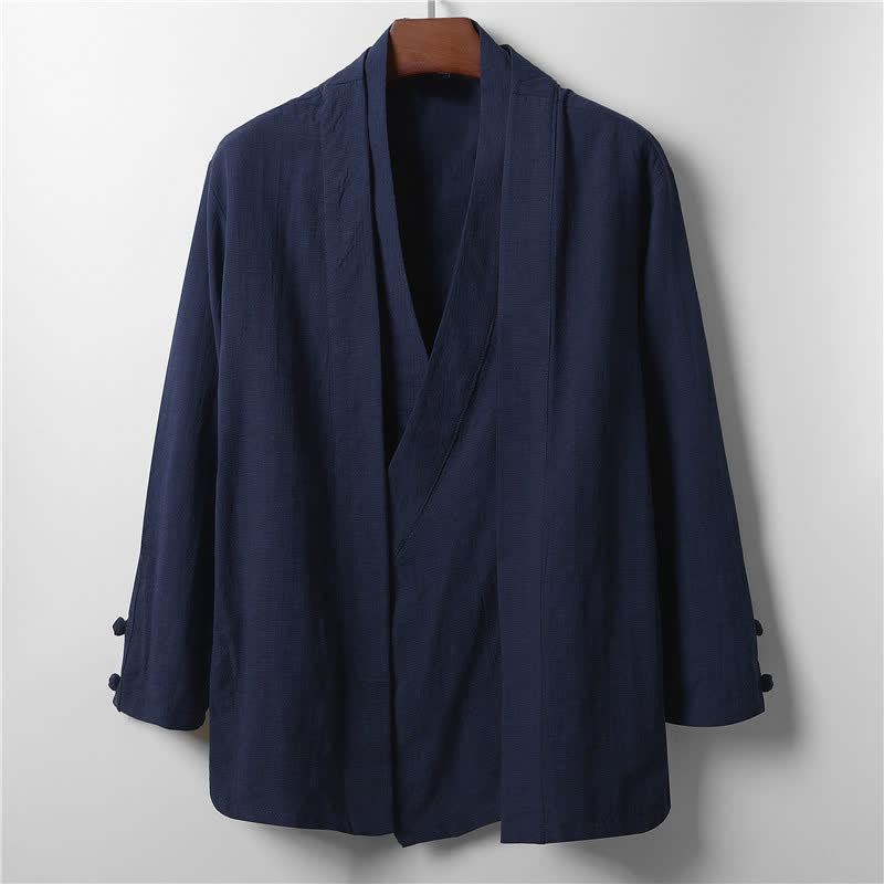 Buddha Stones Spring Casual Minimalist Solid Lapel Ramie Men's Kimono