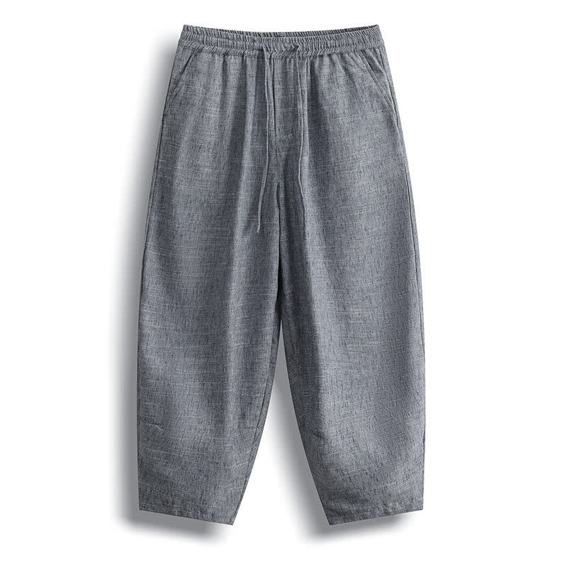Buddha Stones Summer Casual Minimalist Drawstring Solid Cropped Pants Men's Harem Pants With Pocket