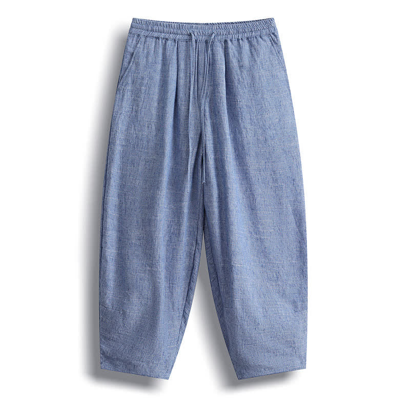 Buddha Stones Summer Casual Minimalist Drawstring Solid Cropped Pants Men's Harem Pants With Pocket