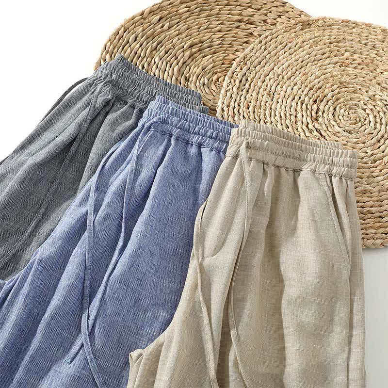 Buddha Stones Summer Casual Minimalist Drawstring Solid Cropped Pants Men's Harem Pants With Pocket