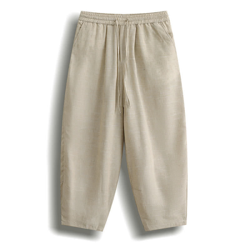 Buddha Stones Summer Casual Minimalist Drawstring Solid Cropped Pants Men's Harem Pants With Pocket