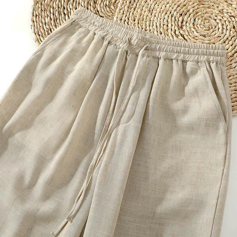 Buddha Stones Summer Casual Minimalist Drawstring Solid Cropped Pants Men's Harem Pants With Pocket