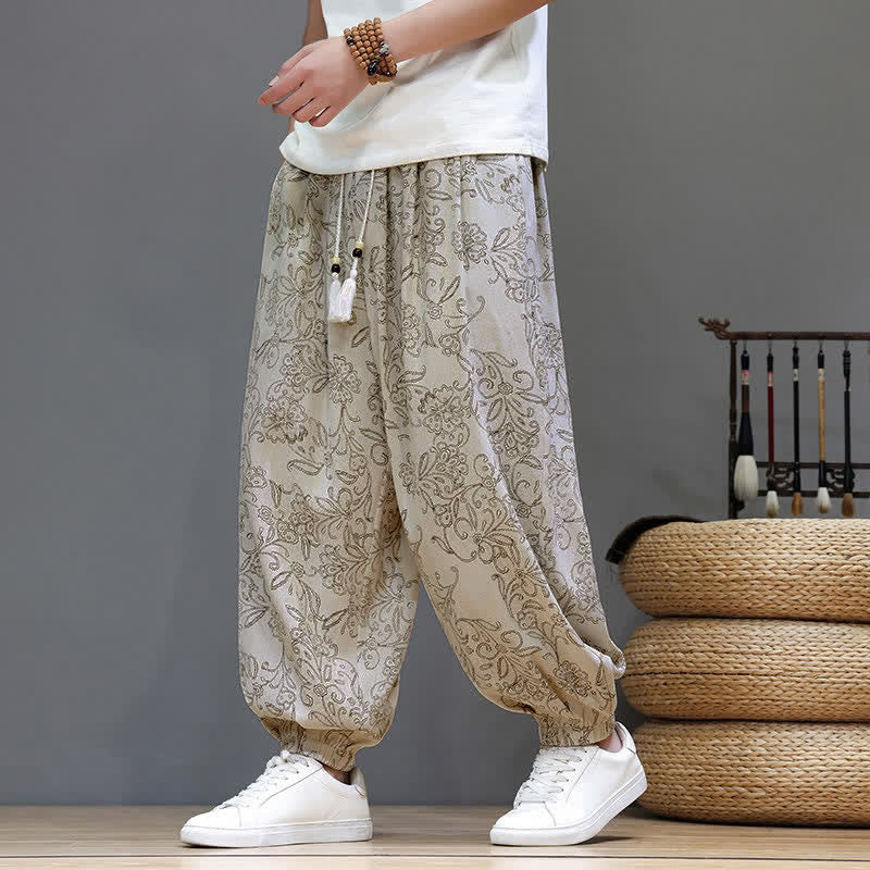 Buddha Stones Summer Casual Vintage Drawstring Floral Ankle Pants Men's Harem Pants With Pocket