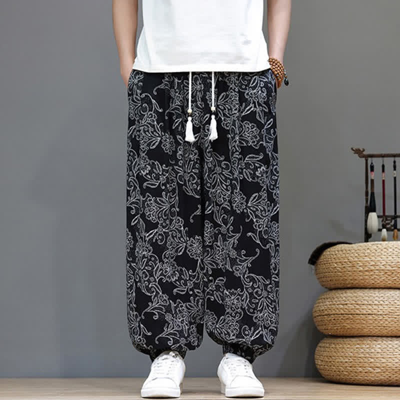 Buddha Stones Summer Casual Vintage Drawstring Floral Ankle Pants Men's Harem Pants With Pocket