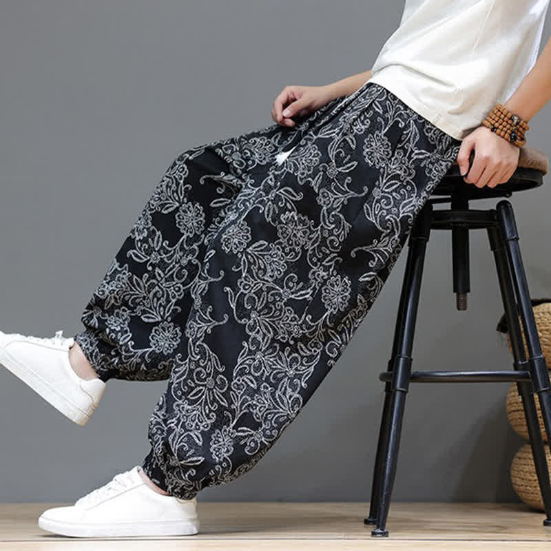 Buddha Stones Summer Casual Vintage Drawstring Floral Ankle Pants Men's Harem Pants With Pocket
