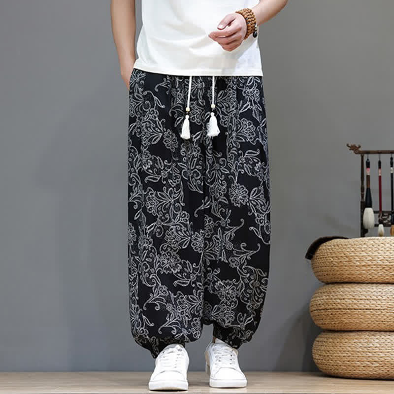 Buddha Stones Summer Casual Vintage Drawstring Floral Ankle Pants Men's Harem Pants With Pocket