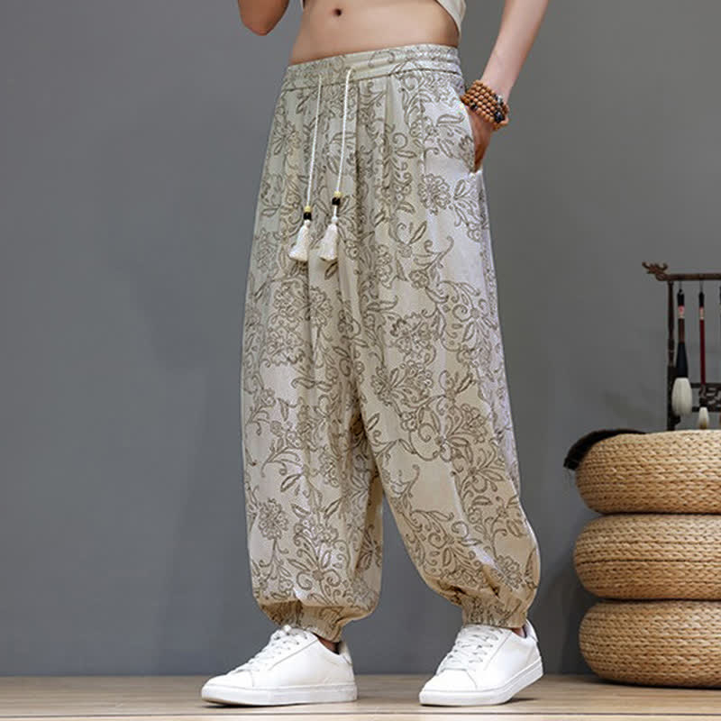 Buddha Stones Summer Casual Vintage Drawstring Floral Ankle Pants Men's Harem Pants With Pocket
