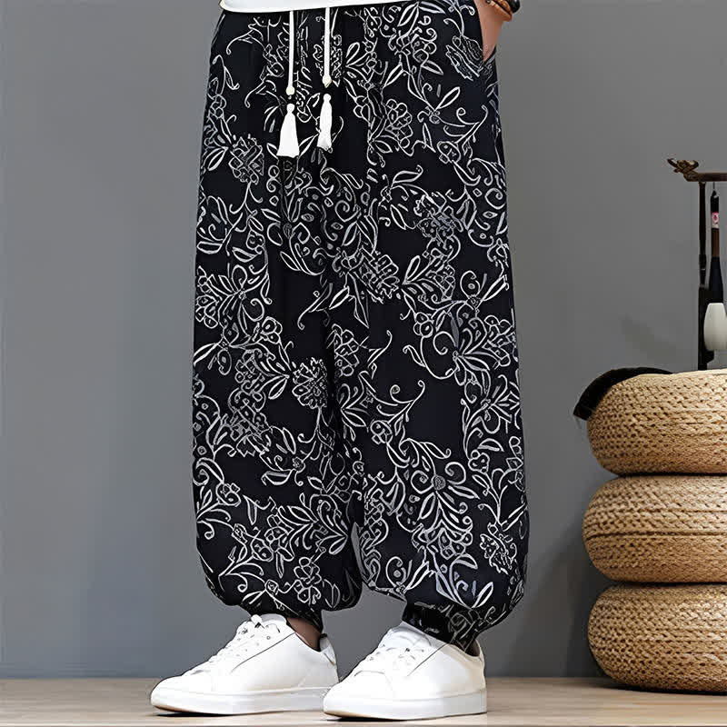 Buddha Stones Summer Casual Vintage Drawstring Floral Ankle Pants Men's Harem Pants With Pocket