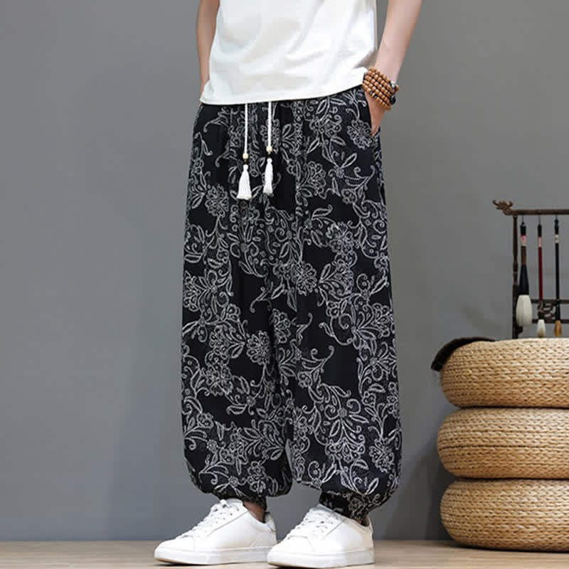 Buddha Stones Summer Casual Vintage Drawstring Floral Ankle Pants Men's Harem Pants With Pocket