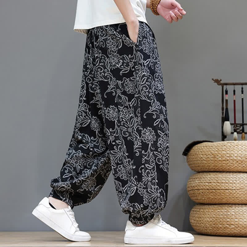 Buddha Stones Summer Casual Vintage Drawstring Floral Ankle Pants Men's Harem Pants With Pocket