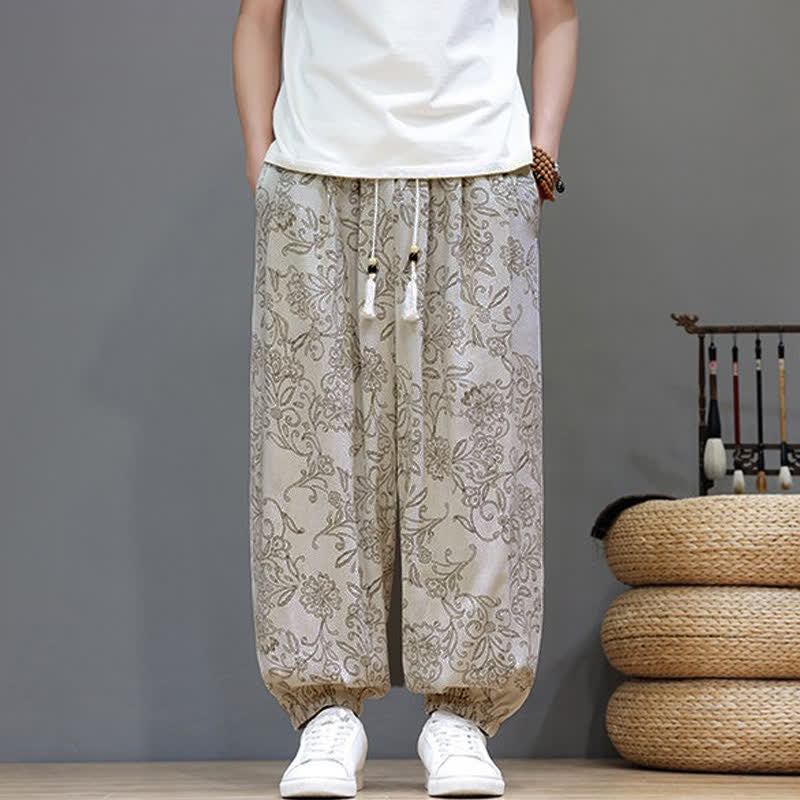 Buddha Stones Summer Casual Vintage Drawstring Floral Ankle Pants Men's Harem Pants With Pocket