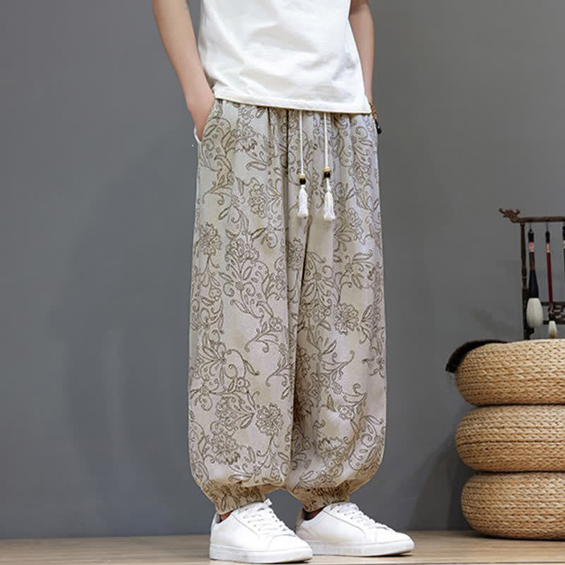 Buddha Stones Summer Casual Vintage Drawstring Floral Ankle Pants Men's Harem Pants With Pocket