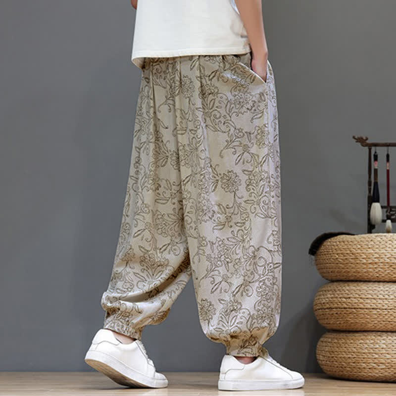 Buddha Stones Summer Casual Vintage Drawstring Floral Ankle Pants Men's Harem Pants With Pocket