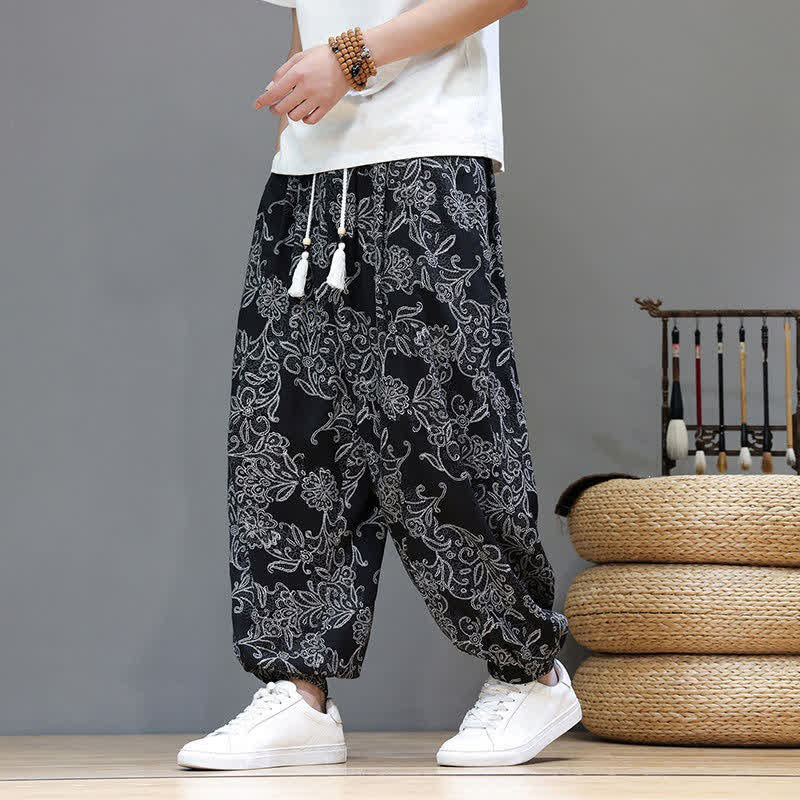 Buddha Stones Summer Casual Vintage Drawstring Floral Ankle Pants Men's Harem Pants With Pocket