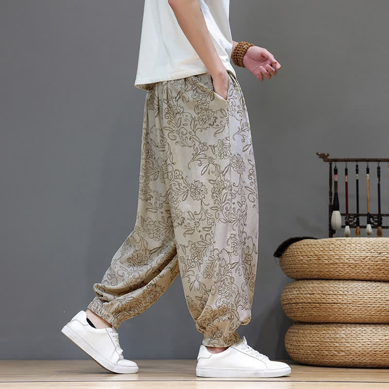 Buddha Stones Summer Casual Vintage Drawstring Floral Ankle Pants Men's Harem Pants With Pocket
