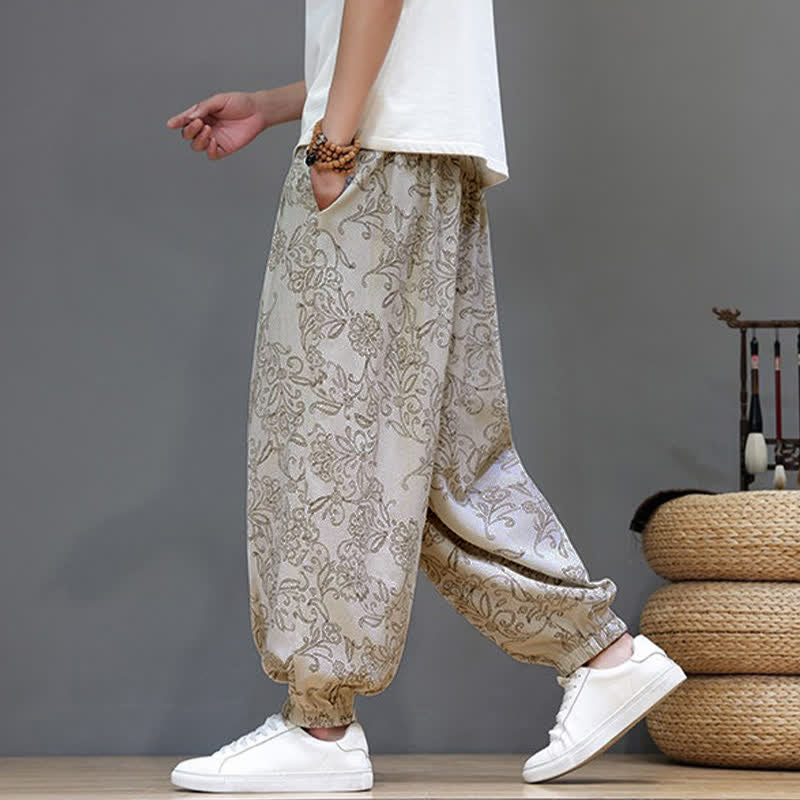 Buddha Stones Summer Casual Vintage Drawstring Floral Ankle Pants Men's Harem Pants With Pocket
