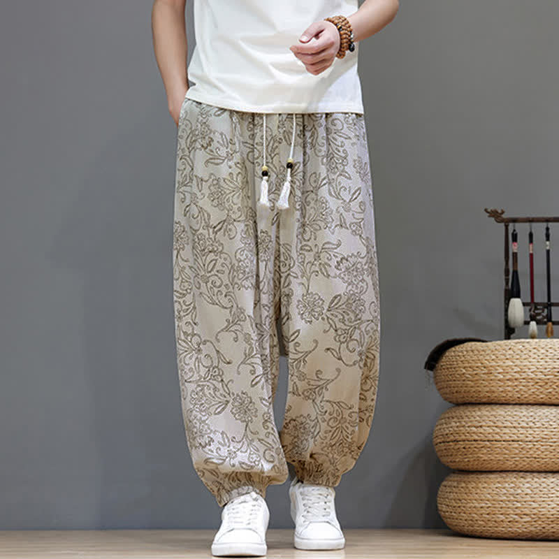 Buddha Stones Summer Casual Vintage Drawstring Floral Ankle Pants Men's Harem Pants With Pocket