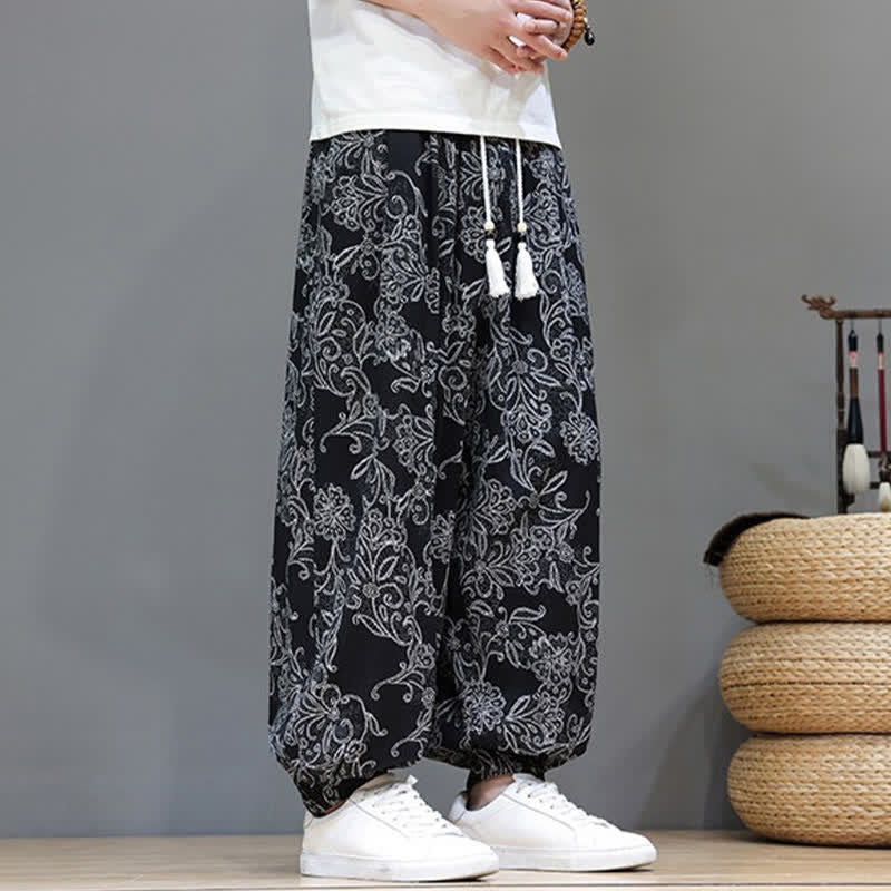 Buddha Stones Summer Casual Vintage Drawstring Floral Ankle Pants Men's Harem Pants With Pocket