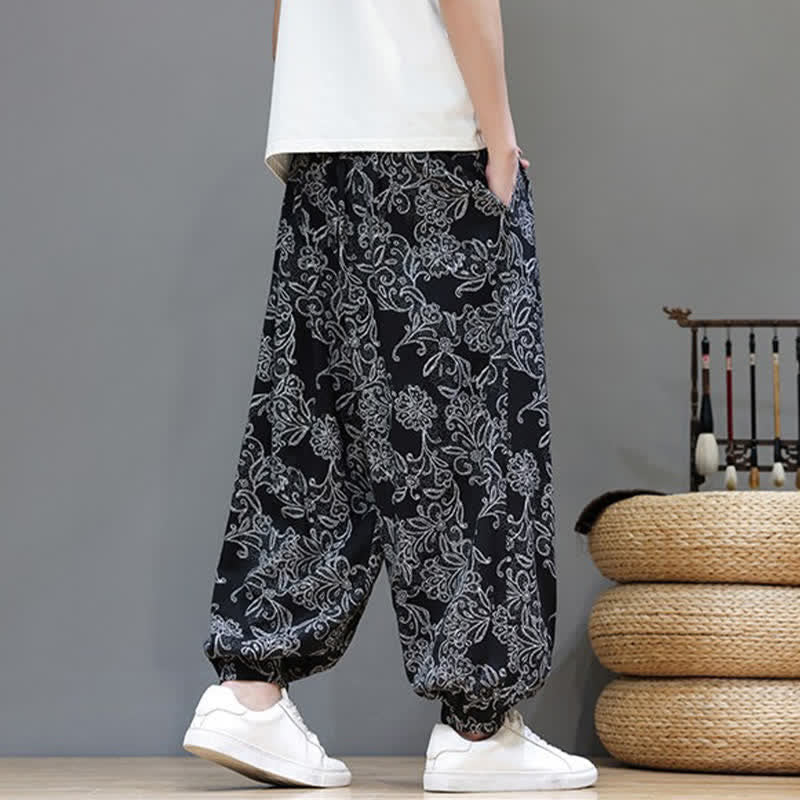 Buddha Stones Summer Casual Vintage Drawstring Floral Ankle Pants Men's Harem Pants With Pocket