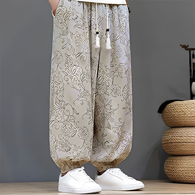 Buddha Stones Summer Casual Vintage Drawstring Floral Ankle Pants Men's Harem Pants With Pocket