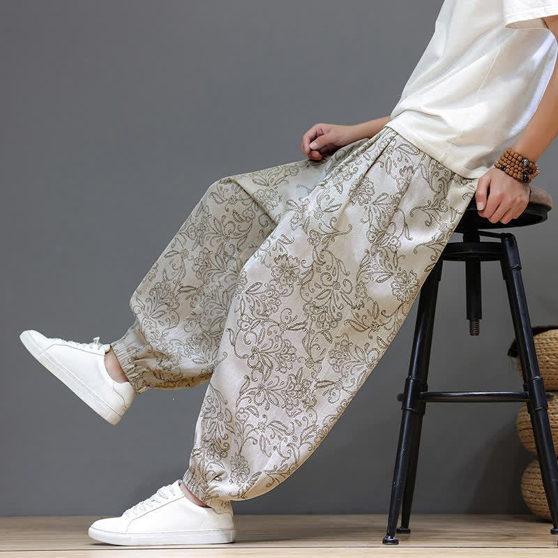 Buddha Stones Summer Casual Vintage Drawstring Floral Ankle Pants Men's Harem Pants With Pocket