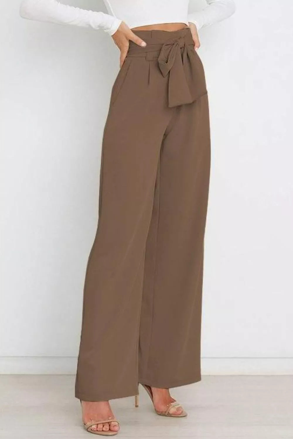 High Waist Tie Front Wide Leg Pants