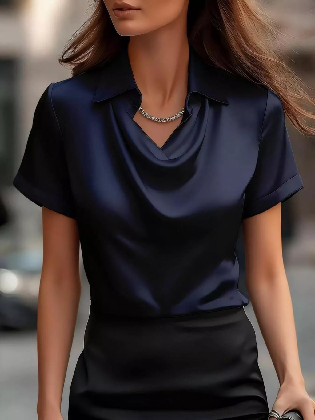 Full Size Cowl Neck Short Sleeve Satin Blouse Plus Size