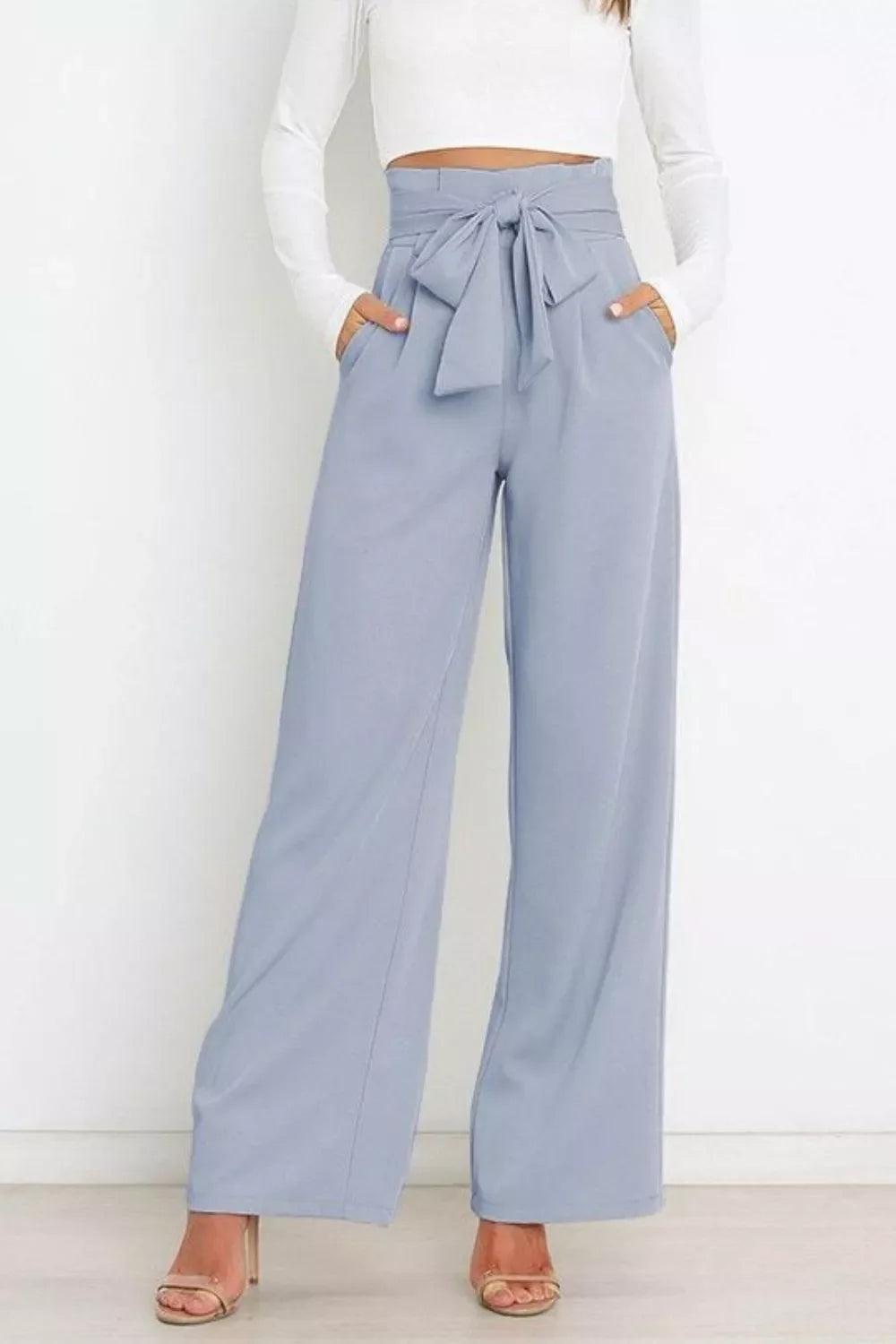 High Waist Tie Front Wide Leg Pants