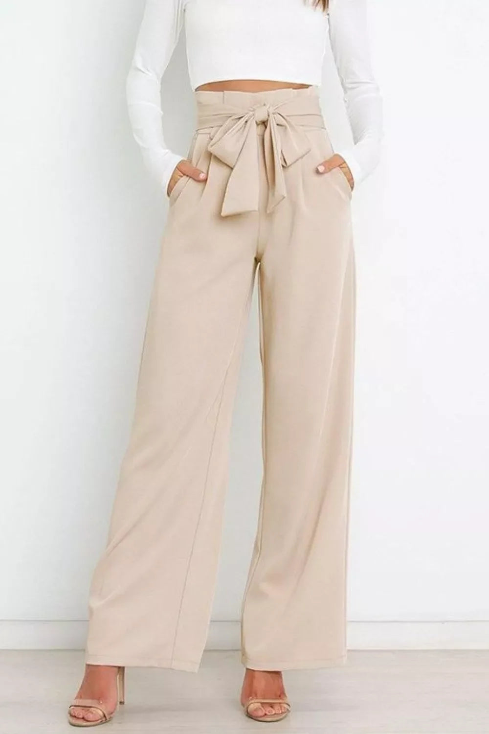 High Waist Tie Front Wide Leg Pants