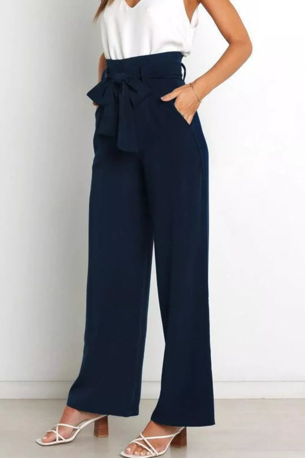 High Waist Tie Front Wide Leg Pants
