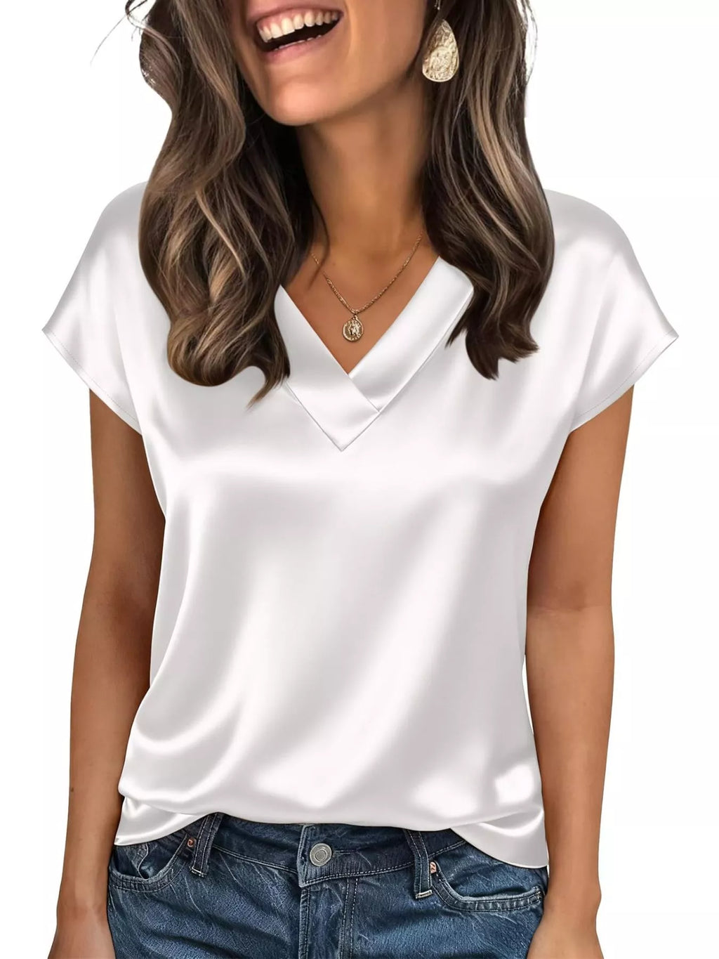 Satin V-Neck Cap Sleeve Blouse