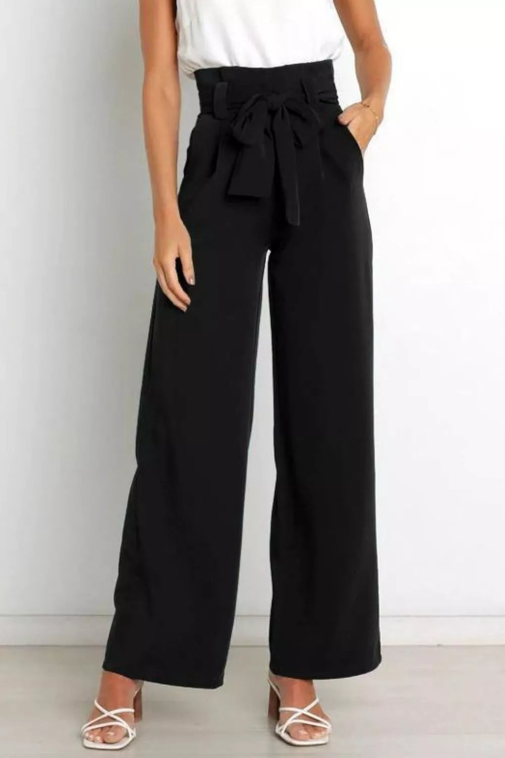 High Waist Tie Front Wide Leg Pants