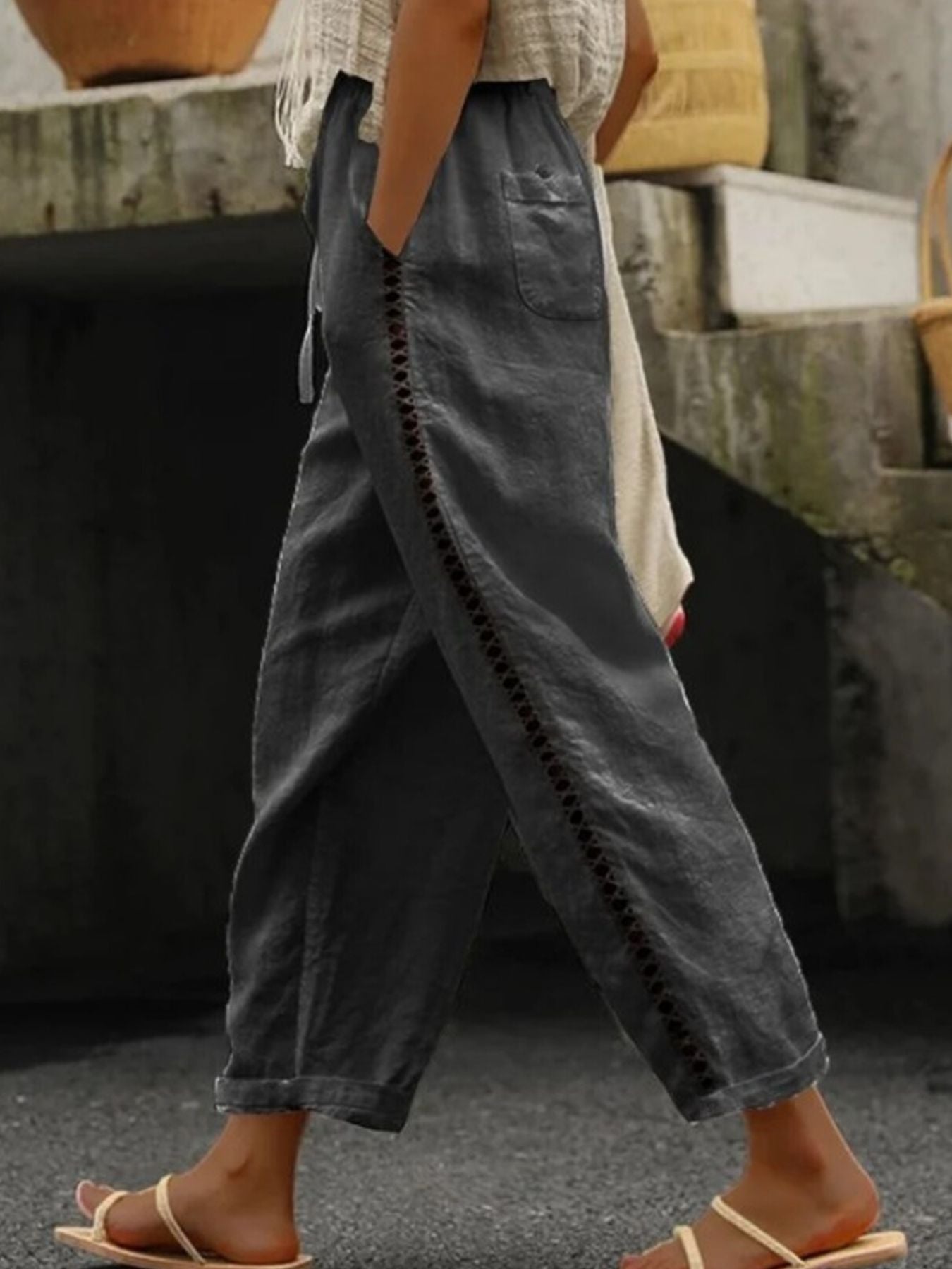Hollow Out Trim Cropped Pants