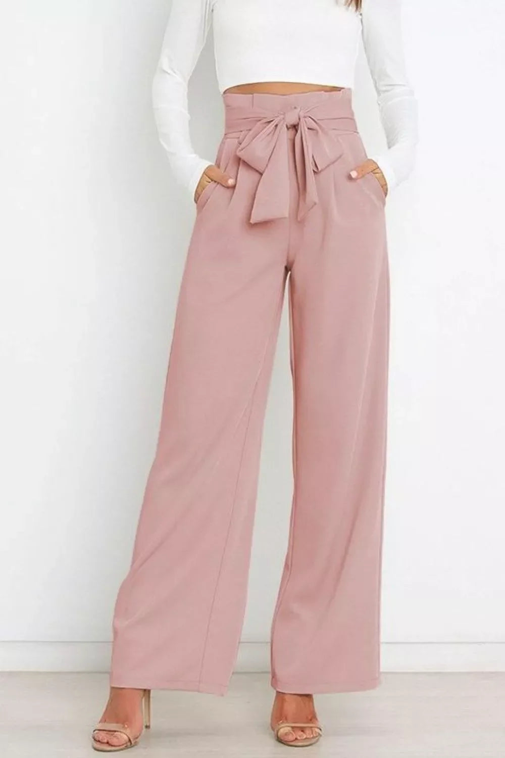High Waist Tie Front Wide Leg Pants