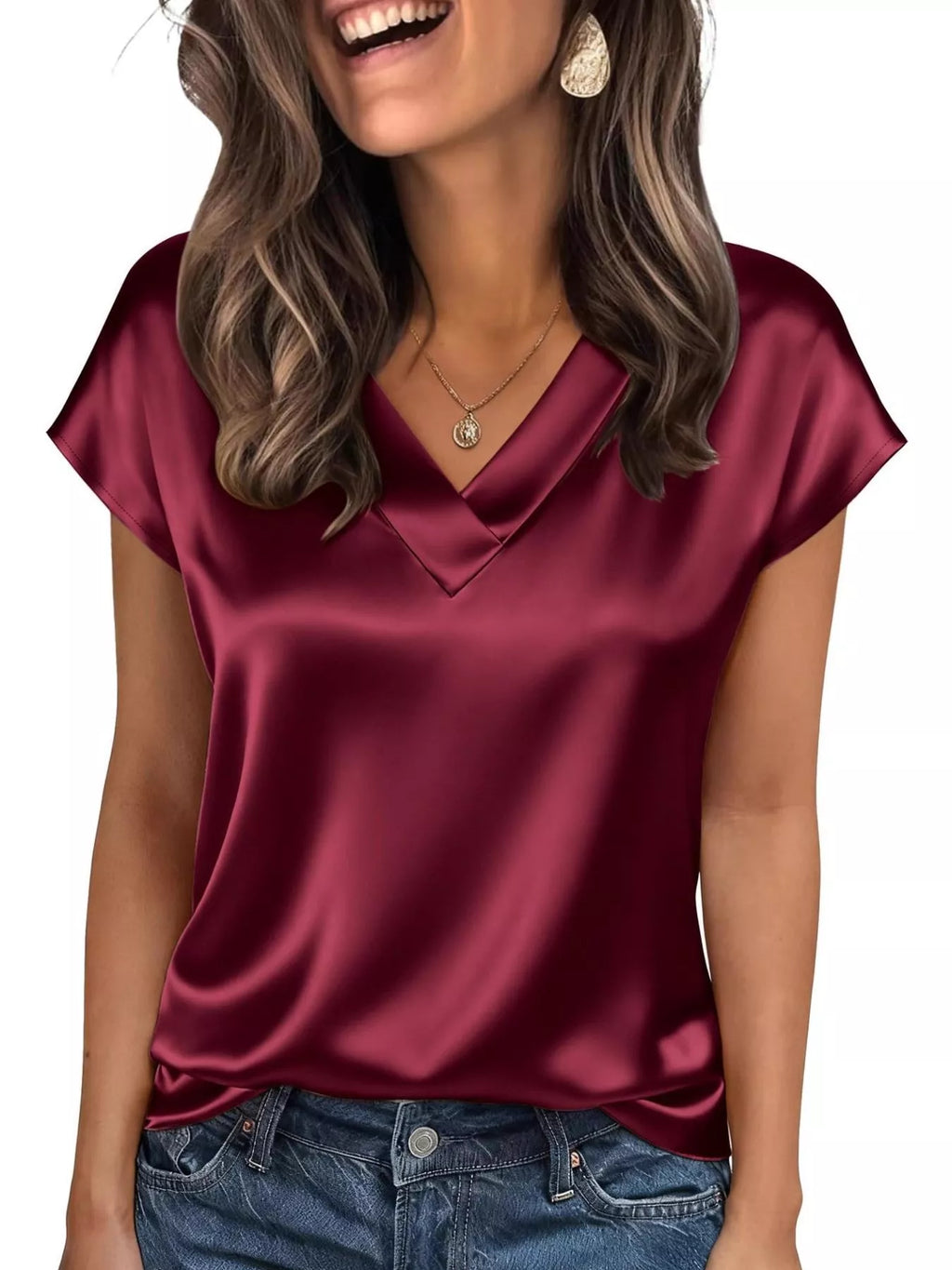Satin V-Neck Cap Sleeve Blouse