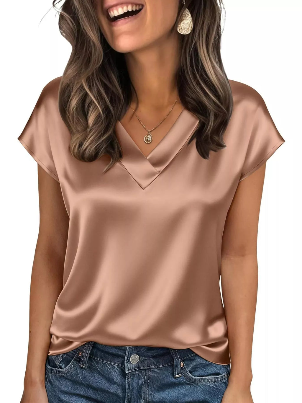 Satin V-Neck Cap Sleeve Blouse