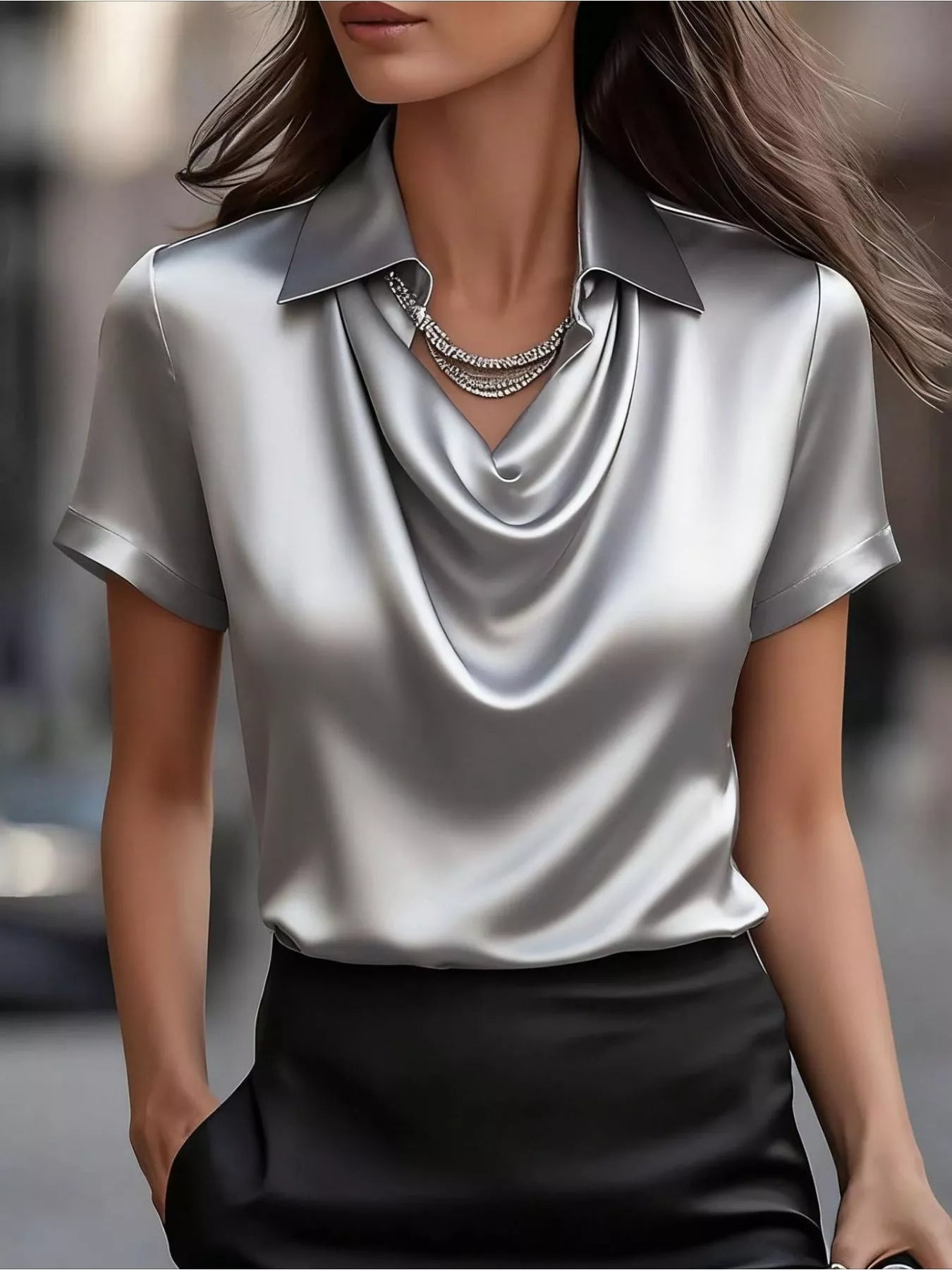 Full Size Cowl Neck Short Sleeve Satin Blouse Plus Size