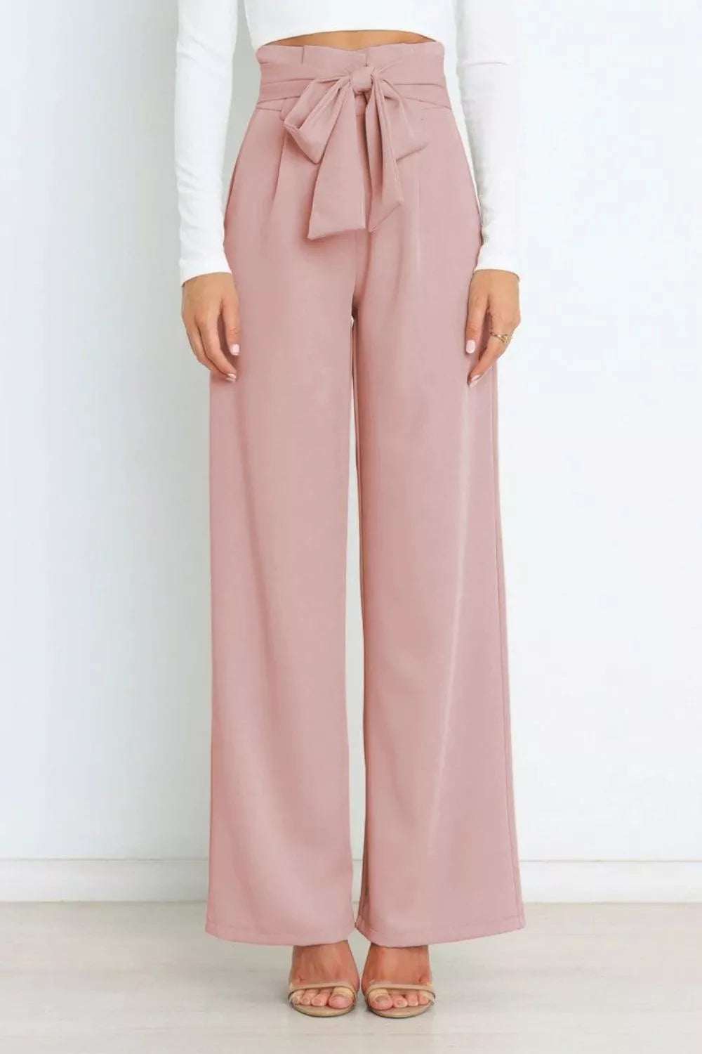 High Waist Tie Front Wide Leg Pants