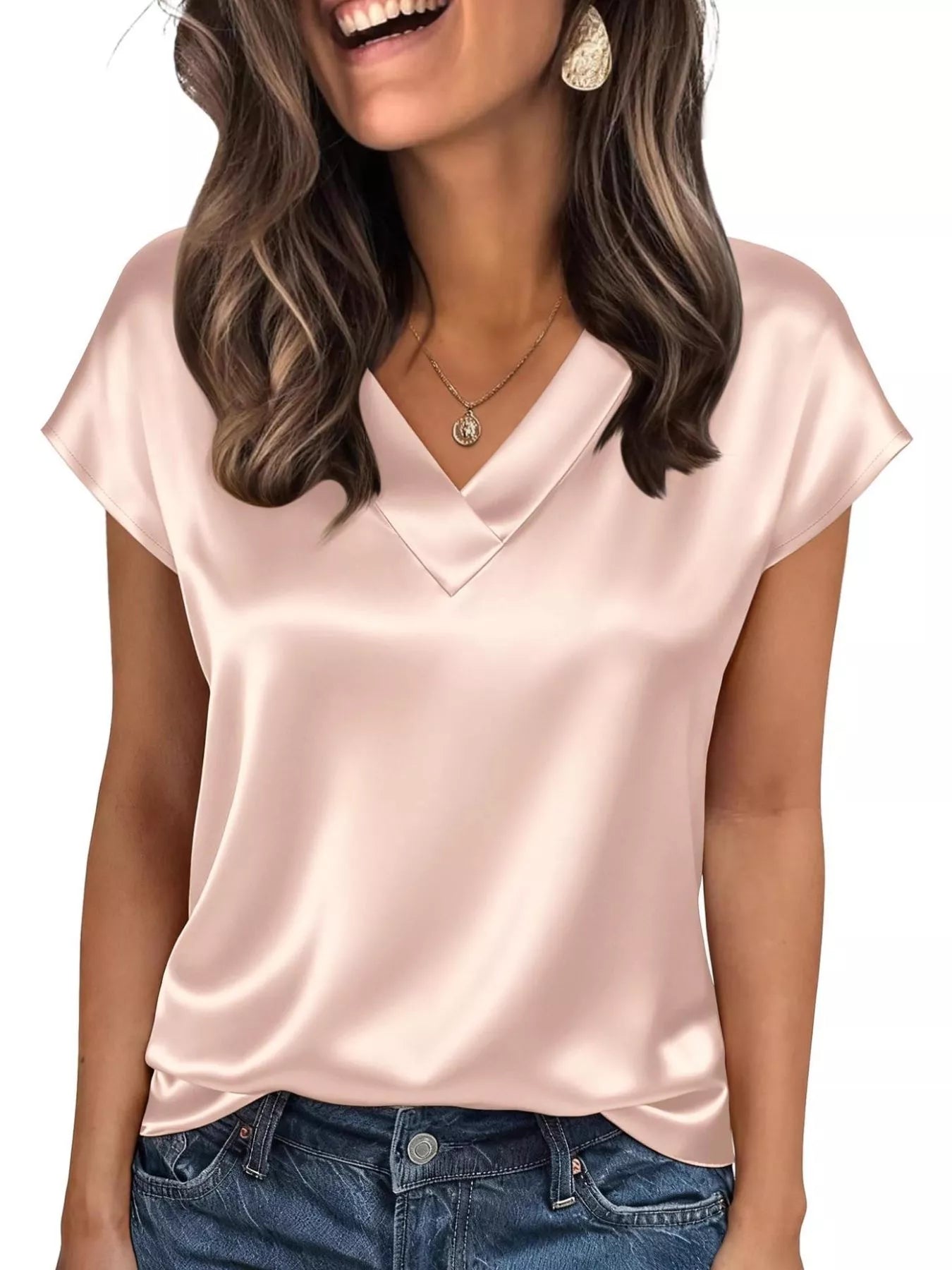 Satin V-Neck Cap Sleeve Blouse